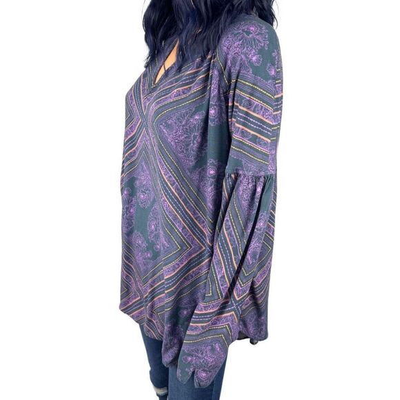 Free People Walking On A Dream Tunic L Purple Floral Keyhole Boho Festival Top - Picture 4 of 6
